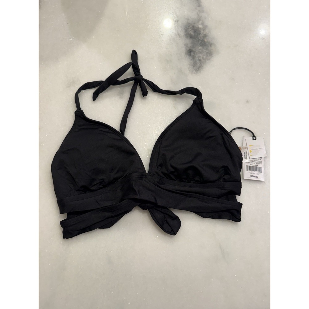 Shade & Shore Bikini Top Womens Medium M 8-10 Black‎ Halter Wrap Front New
